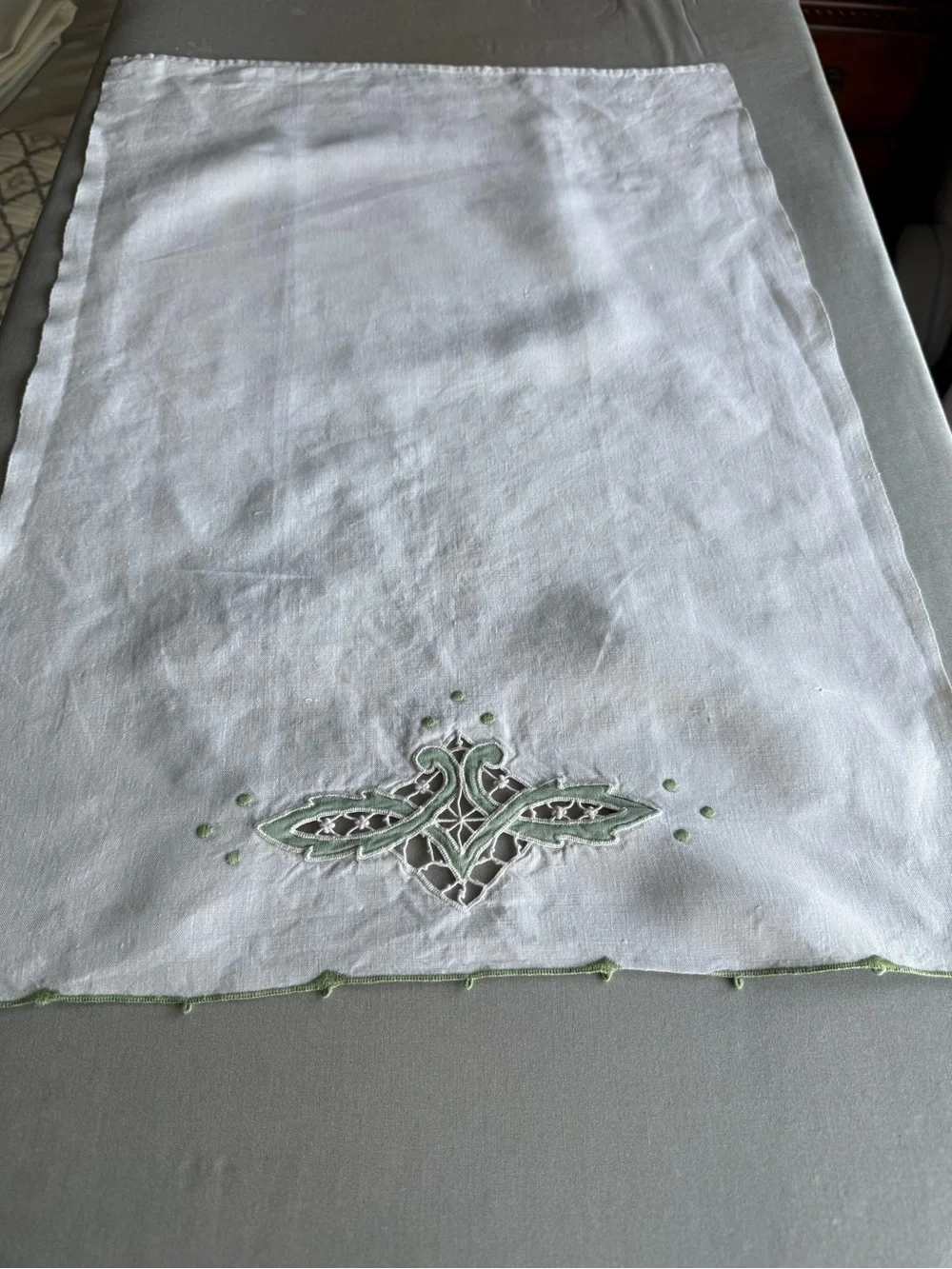 Vintage Embroidered White Linen Table Runner with Sage Green Accents